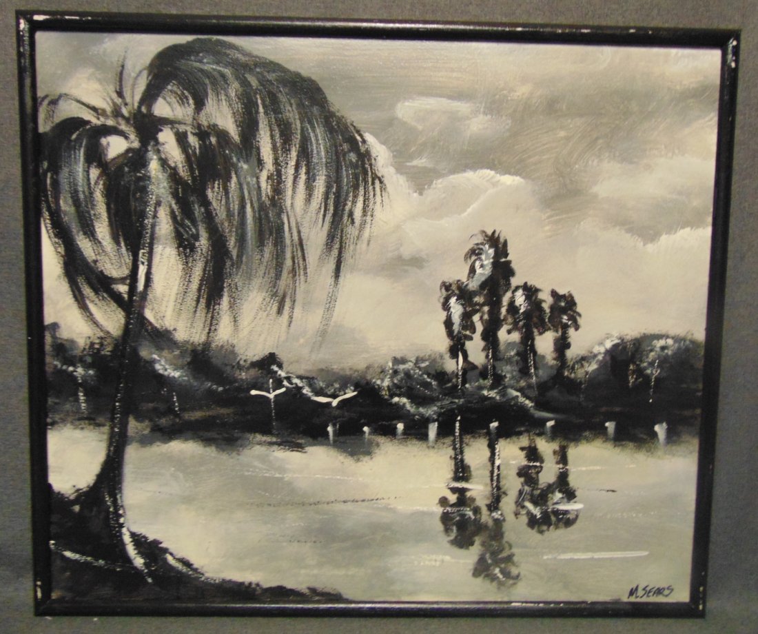 Original Florida Highwayman Painting by Michael Sears: Original, modern-day Florida Highwayman painting by contemporary artist, Micheal Sears. Large Oil on Masonite. Nicely framed. Artist Signed. Measures 25" tall x 29" wide. Condition is very good. No Da