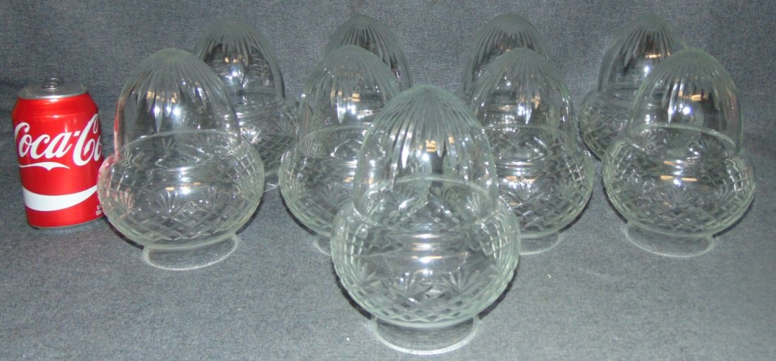 Set of 9 Vintage Cut Glass Globe Shades: Set of 9 Vintage Cut Glass Globe Shades. Each measures 7" tall x 5" wide. Opening is 3" wide. Condition is very good with minimal wear. No Damage. Several Shipping Options Available. Starting Bid $50 