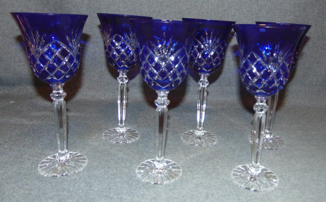 6 Cobalt Blue,Cut Crystal Wine Glasses: Beautiful Set of 6 Cobalt Blue,Cut to Clear Crystal Wine Glasses. Heavy and high quality European Leaded Crystal. Each measures 8-3/4" tall. Condition is New, Mint. No Damage. Includes Fitted and line
