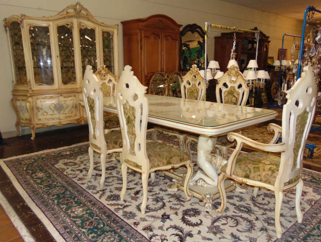 Antique Italian Painted Dining Suite: Magnificent Antique Italian Dining Suite. Hand Painted. Includes Carved Dining Table with 6 chairs and Large Breakfront. Dining Table measures 31-1/2" tall x 81-1/2" wide x 42" deep. Includes Glass to