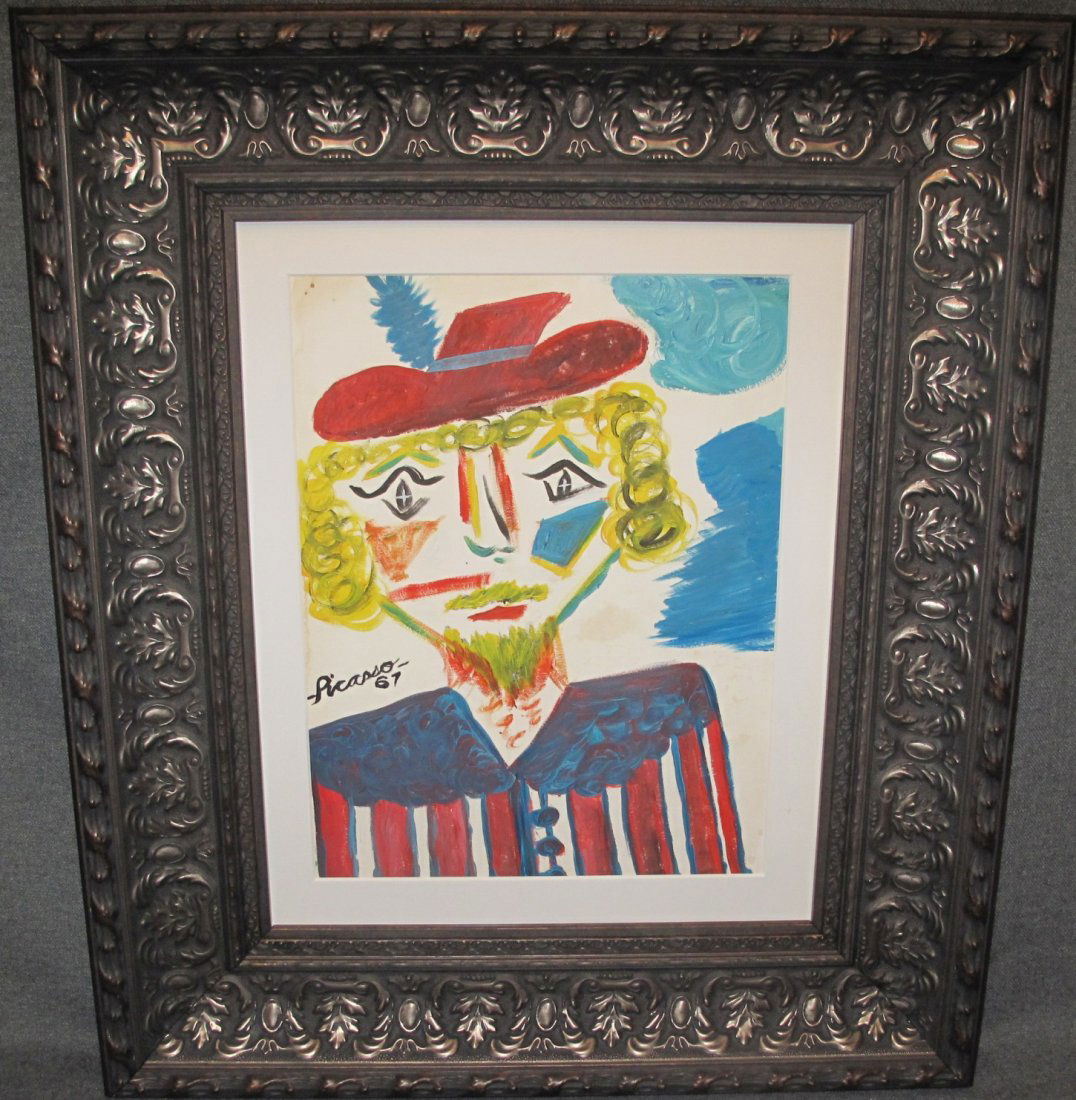 In the Style of Pablo Picasso (Spanish,1881-1973): In the Style of Pablo Picasso (Spanish,1881-1973), Signed oil painting with signature authentication. Framed and Matted under glass. Frame measures 24" tall x 21" wide. Oil on Paper and under glass. O