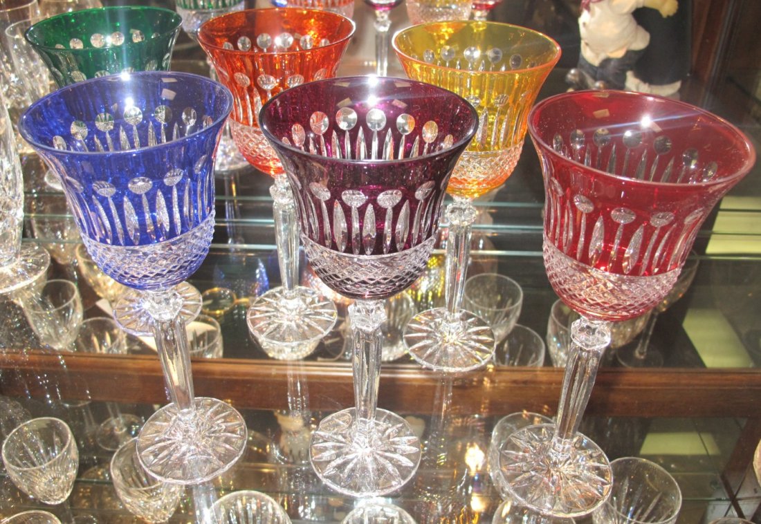 6 Multi-Color Bohemian Cut Crystal Wine Glasses: Beautiful Set of 6 Multi-Color Bohemian Cut to Clear Crystal Wine Glasses. Heavy and high quality European Leaded Crystal. Each measures 8-3/4" tall. Condition is New, Mint. No Damage. Includes Fitted