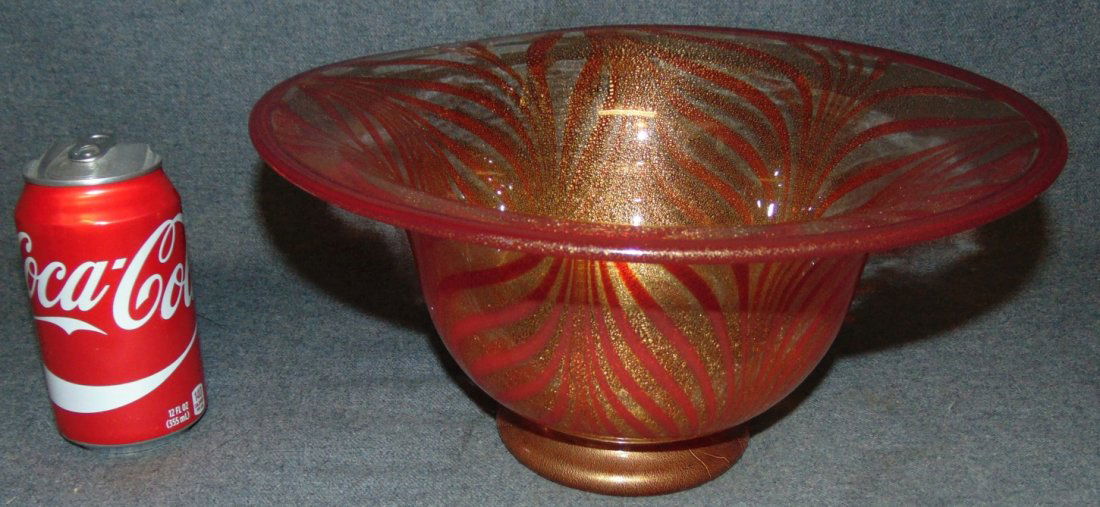 Murano Glass Bowl by Gambaro & Poggi: Hand Blown Murano Art Glass Bowl with 24K Gold Flecks by "Gambaro & Poggi". Measures 6" tall x 12" wide. Bottom is signed. Condition is very good. Mint. No damage. Several Shipping Options Available.