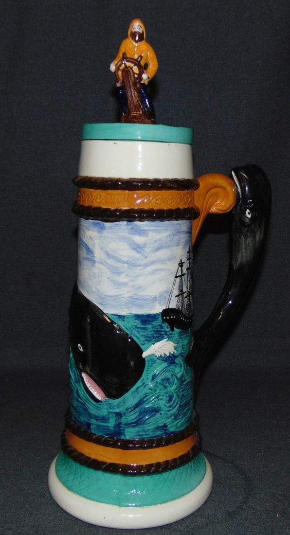 Large Moby Dick Beer Mug with Lid: Large, Vintage Moby Dick Beer Mug with Lid. Measures 20" tall x 7-1/4" wide. Overall condition is Excellent. No Damage. Starting Bid $20.