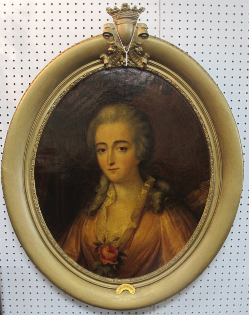 19th c. Portrait Oil Painting Countess Madame Du Barry: Antique Oil on Canvas Portrait Painting of the Countess Madame Du Barry. Mid 19th century. Original Antique Oval Frame. Unsigned. Frame measures 38" tall x 31" wide x 3" deep. Overall condition is goo