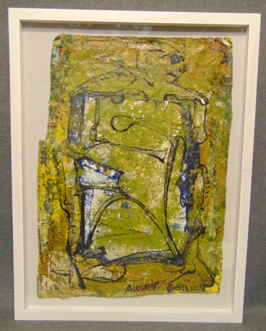 Original Contemporary Oil Painting by Alexander Gore: Original Oil Painting by Russian Artist "Alexander Gore". Framed under glass. Oil on Linen. Titled "The Constraction and Slow Phisical Process". Artist signed and Dated 2019. Frame measures 25-1/4" ta