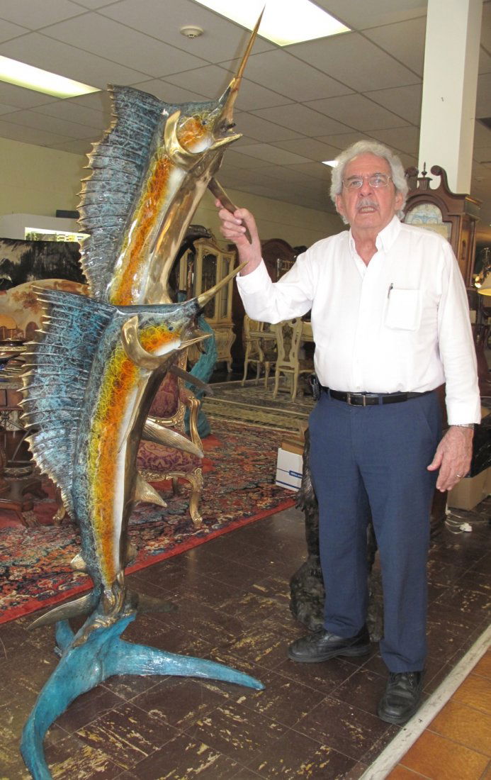 Bronze Double Sailfish Fountain Sculpture: Large, Bronze Double Sailfish Fountain Sculpture. High Quality Bronze with excellent Detail. Sculpture functions as a fountain as well and is pre-Fitted to accept Water Pump for Fountain Feature. Meas