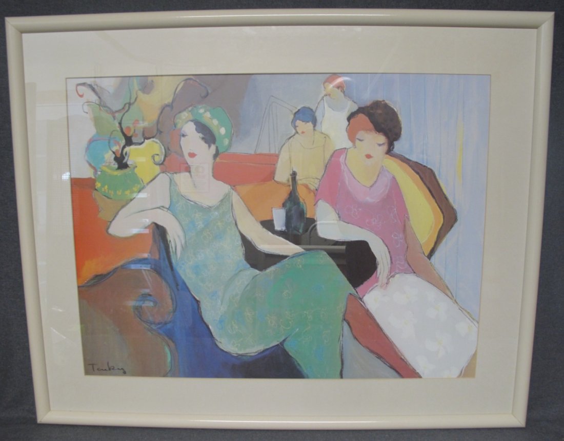 Itzchak Tarkay "In the Lounge" Framed Print: Itzchak Tarkay "In the Lounge" Framed and Matted Print. Frame measures 32-1/2" tall x 40-1/2" wide. Overall condition is very good. Excellent. No damage. Starting Bid $30.