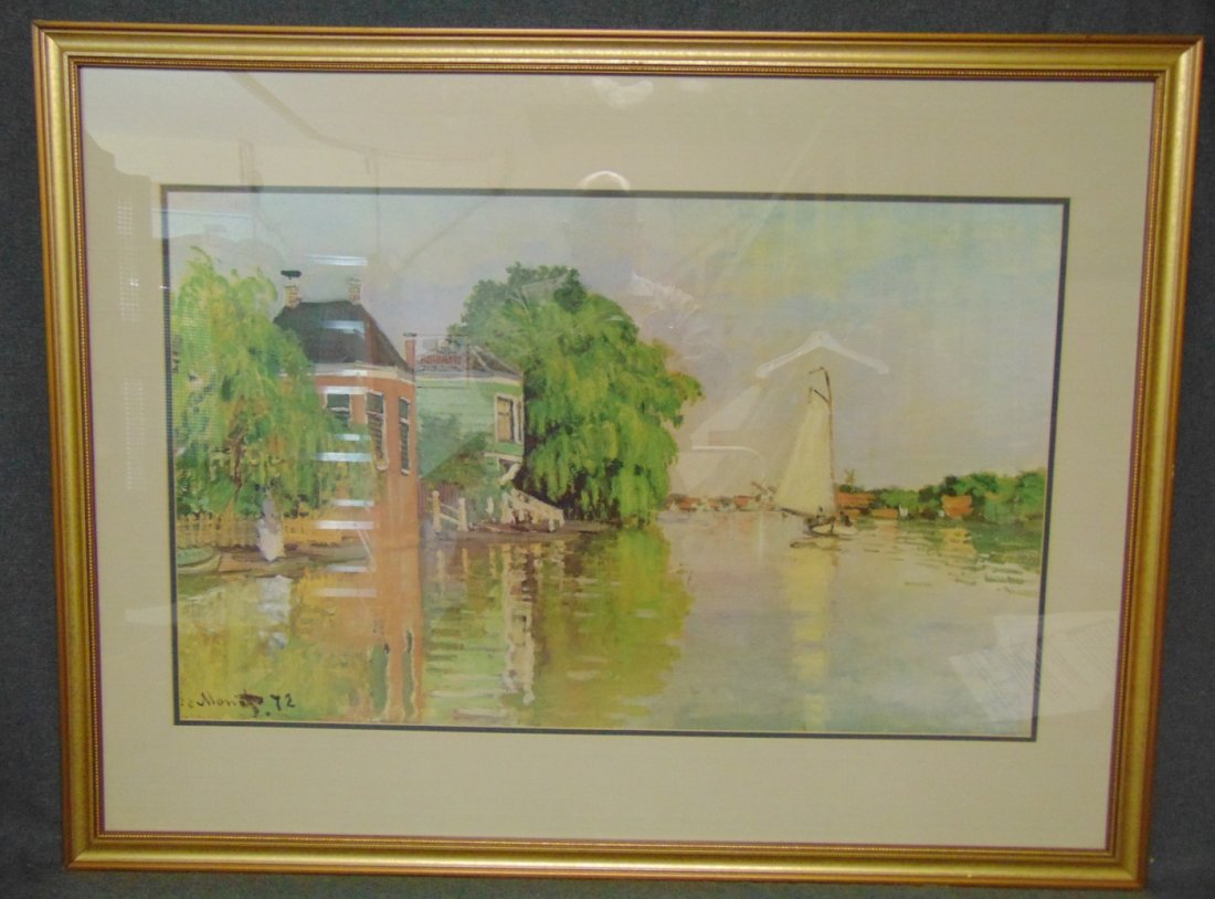 "Houses on the Achterzaan" by Claude Monet: Beautiful framed and matted print titled "Houses on the Achterzaan" by Claude Monet (French 1840-1926). Frame measures 31-1/2" tall x 43" wide. Matted under glass. Condition is very good. Excellent. N