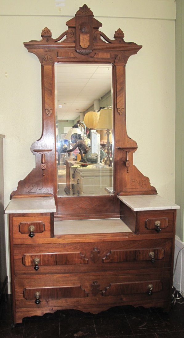 Antique Victorian Dresser & Mirror: Antique Victorian Dresser & Mirror with Marble Top. Measures 87" tall x 44-1/2" wide x 18-1/2" deep. Condition is Very good. Starting Bid $50.