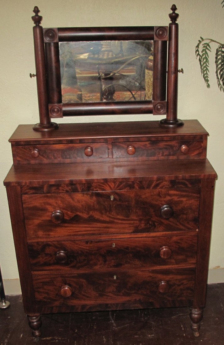 Antique Mahogany Empire Dresser & Mirror: Antique Mahogany Empire Dresser & Mirror. Measures 65" tall x 36-1/2" wide x 17-3/4" deep. Condition is Very good. No damage. Starting Bid $50.
