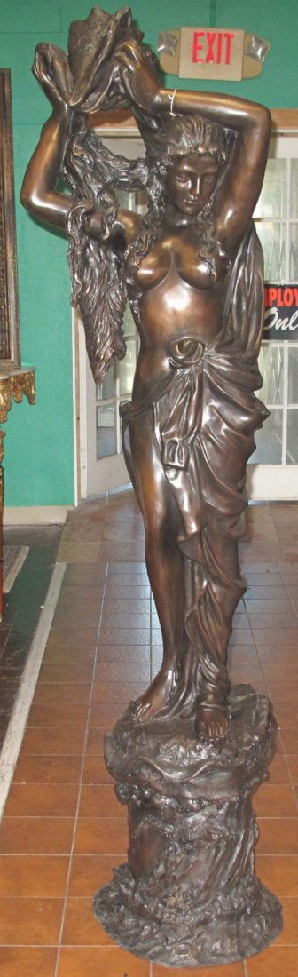 Large Bronze Semi-Nude Woman Fountain: Beautiful and Large Bronze Semi-Nude Woman Fountain. High Quality Bronze with excellent Detail and patina. Sculpture functions as a fountain as well and is pre-Fitted to accept Water Pump for Fountain
