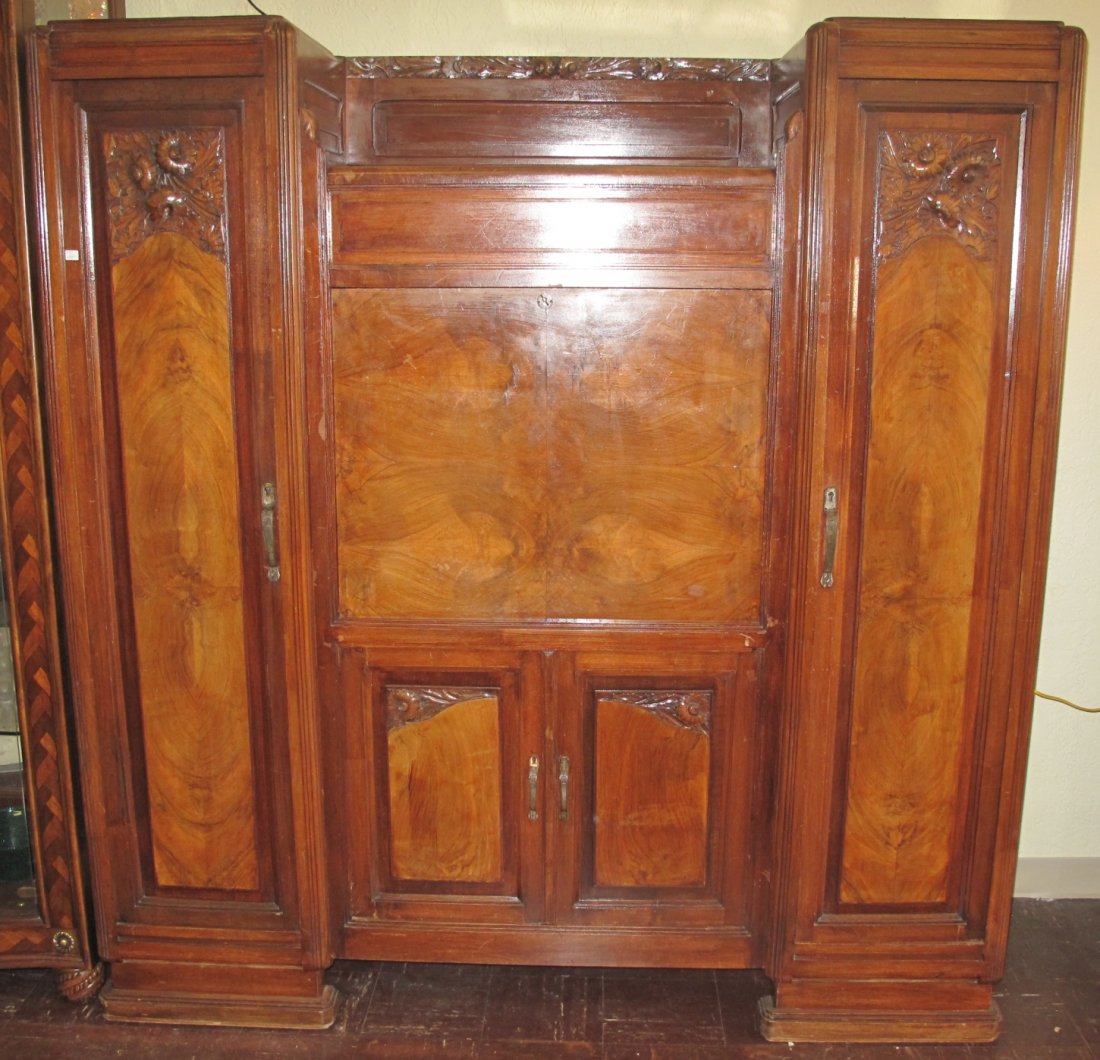 Art Deco Style Secretary Cabinet: Large, Art Deco Style Secretary Cabinet. Circa 1940's. Measures 71-1/2" tall x 68" wide x 19" deep. Overall condition is good to fair. No damage. Breaks down for shipping.