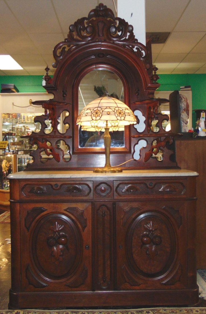 Antique Renaissance Revival Walnut Sideboard Marble Top: Antique Renaissance Revival Carved Walnut Sideboard with Mirror and Marble Top. Circa 1880. Measures 89" tall x 53" wide x 19" deep. Condition is good. Minimal wear typical from age. Breaks down for s