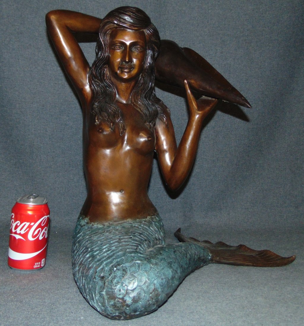 Bronze Sitting Mermaid Fountain Sculpture: Bronze Sitting Mermaid Fountain Sculpture. Artist signed and numbered. High Quality Bronze with excellent Detail and patina. Sculpture functions as a fountain as well and is pre-Fitted to accept Water