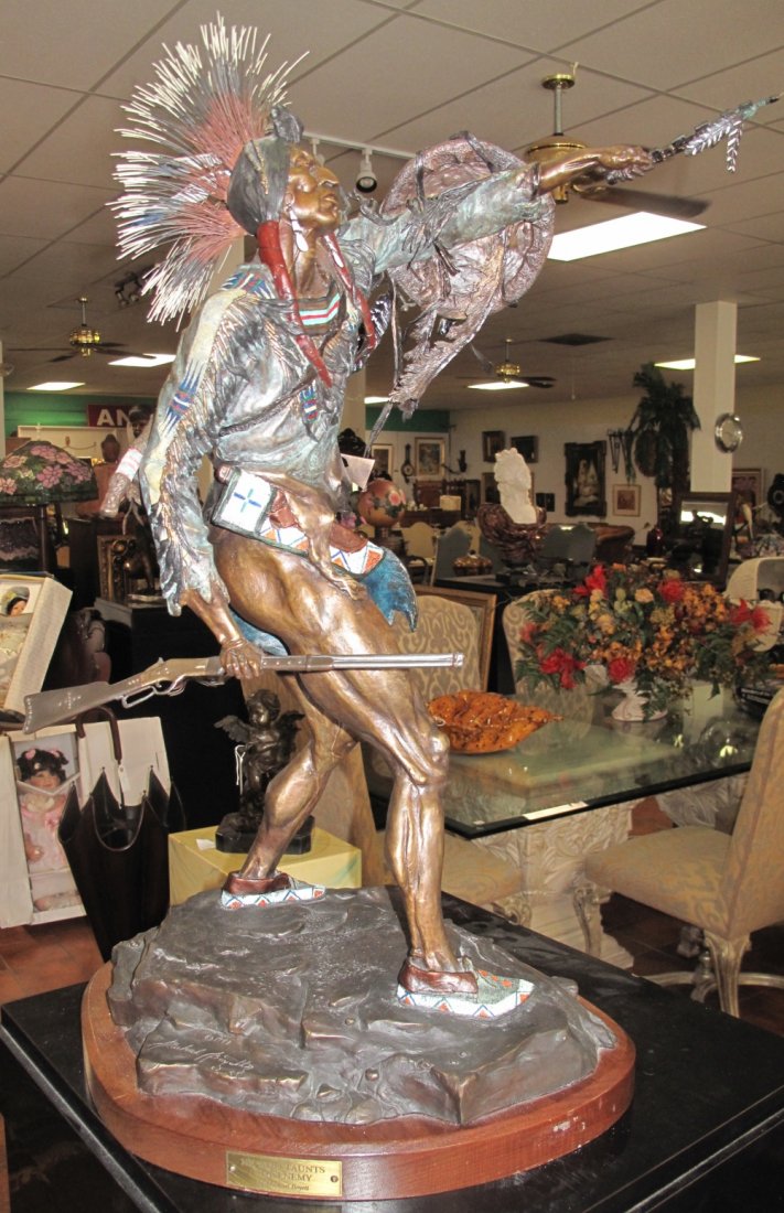Michael Boyett Bronze "He Who Taunts The Enemy": Michael Boyett "He Who Taunts The Enemy" Bronze Sculpture. Issued 1993. Artist & Foundry Signed. Measures 30" tall x 21" wide x 16" deep. Condition is Very good. No damage.