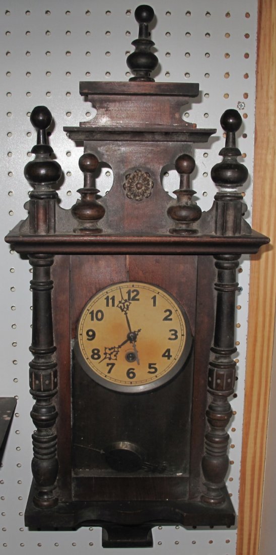 Antique Wall Clock: Antique Wall Clock. Measures 27" tall x 11-1/4" wide. Condition is good. Some Wear. Starting Bid $30.