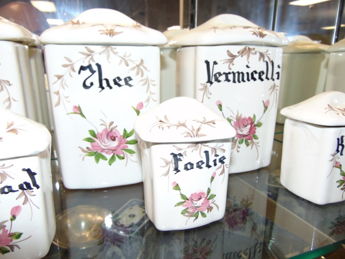 Vintage 12 piece Canister Set: Vintage European 12 piece Kitchen Canister Set. Condition is very good. Excellent. No damage.