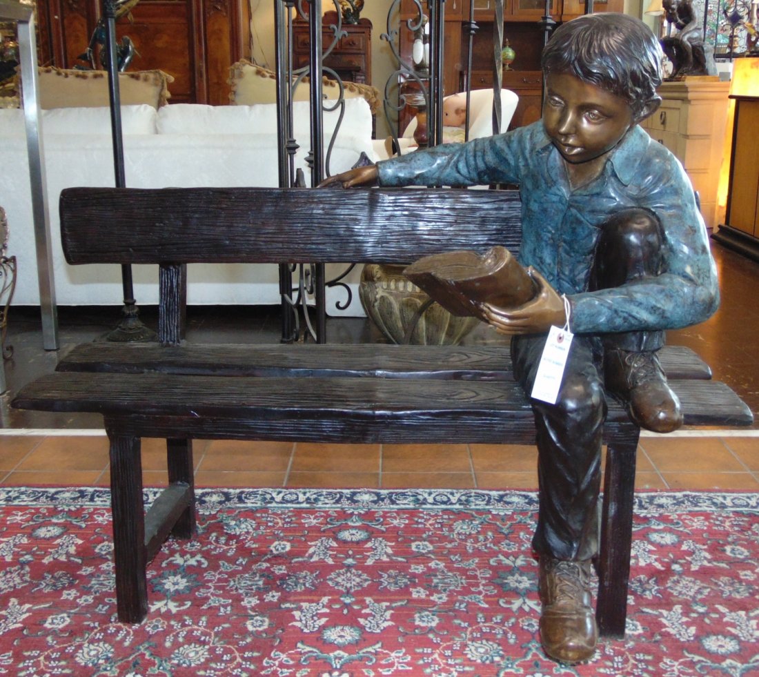 Bronze Boy on Bench Sculpture: Bronze Boy on Bench Sculpture. Large, heavy sculpture. High Quality Bronze with excellent Detail and patina. Measures 36" tall x 43" wide x 20" deep. Condition is Brand New, Mint. No Damage at all. Th