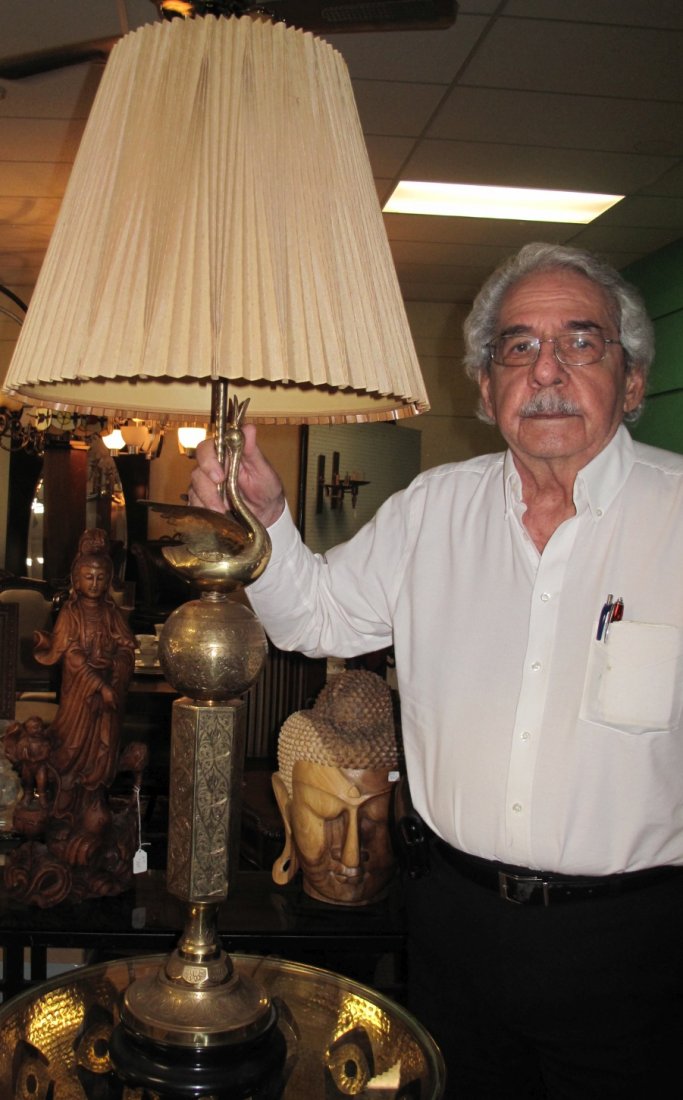 Brass Swan Table Lamp: Brass Swan Table Lamp. Measures 47" tall. Shade is 19" wide. Condition is Very good. No damage.