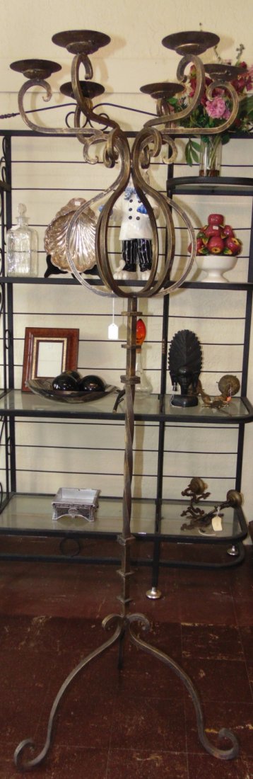Vintage Wrought Iron Floor Candelabra: Vintage Hand Wrought Iron, 6 Arm Floor Candelabra. Excellent Quality. Measures 73" tall x 24" wide. Condition is very good. No damage.