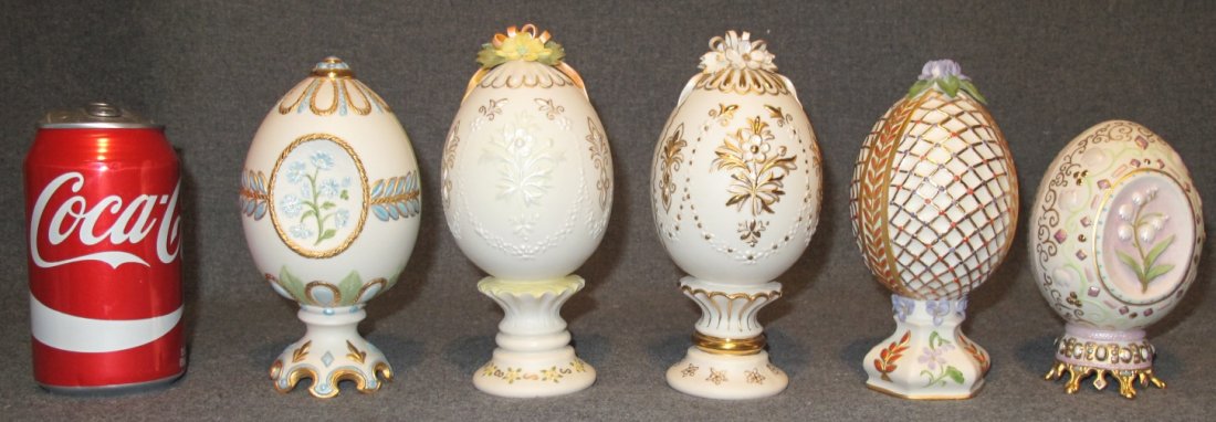 5 Cybis Porcelain Eggs: 5 Cybis Porcelain Eggs. Each is between 5" to 6-1/2" tall. Condition is Excellent. Mint. No damage. All are marked on bottom. Starting Bid $60.