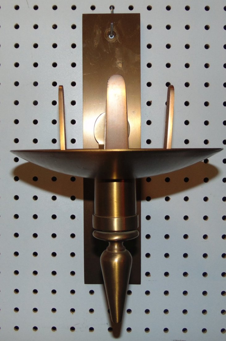 Church Brass Wall Sanctuary Candle Sconce: Church Brass Wall Sanctuary Candle Sconce. Glass globe not included. Measures 14" tall x 8" wide. Condition is very good with minimal wear. No damage. Starting Bid $20.