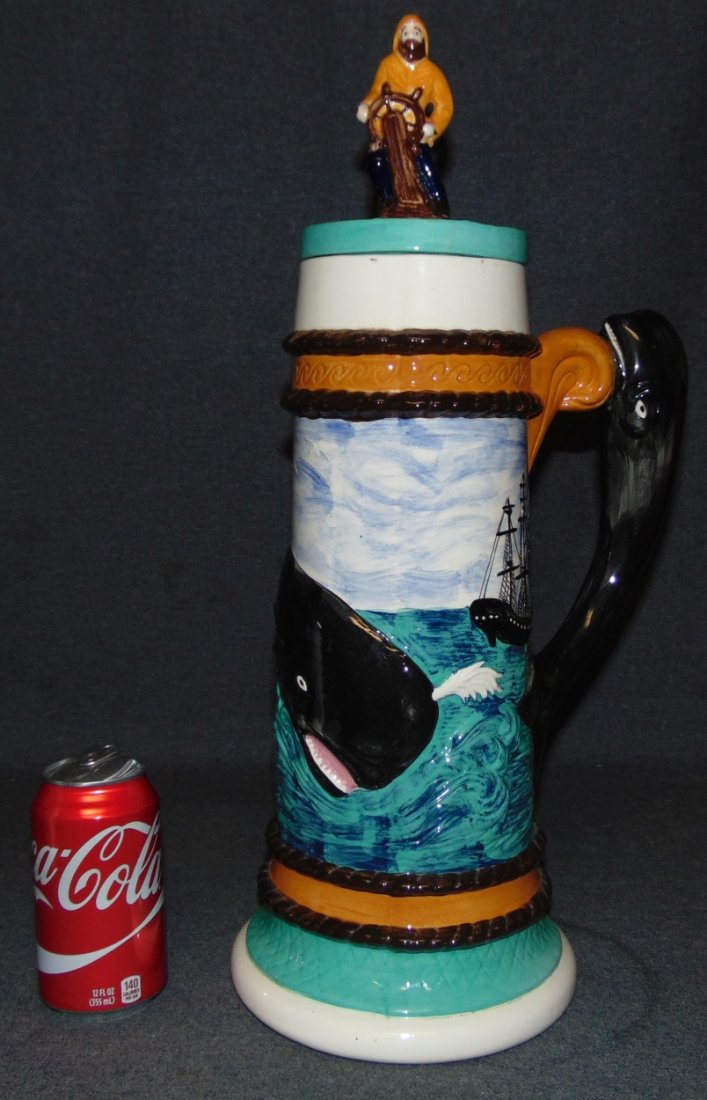 Large Moby Dick Beer Mug with Lid: Large, Vintage Moby Dick Beer Mug with Lid. Measures 20" tall x 7-1/4" wide. Overall condition is Excellent. No Damage. Starting Bid $20.
