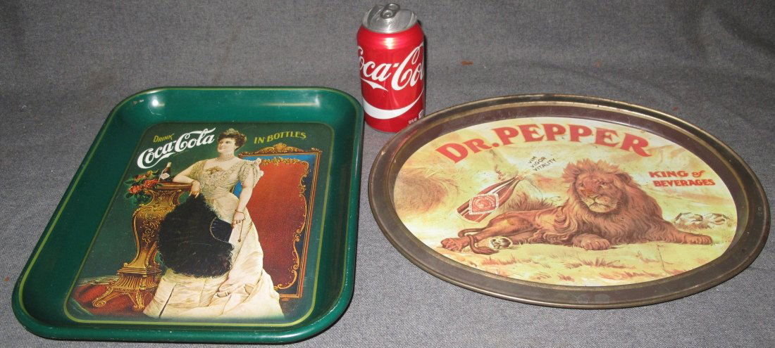 2 Vintage Advertising Trays Coke & Dr. Pepper: 2 Vintage Advertising Trays. Coca Cola & Dr. Pepper. Coke Tray is 75th Anniversary Edition, measures 11-1/2" x 14-1/2". Dr Pepper measures 13-1/2" x 10-3/4". Condition of both is good. No damage. Star