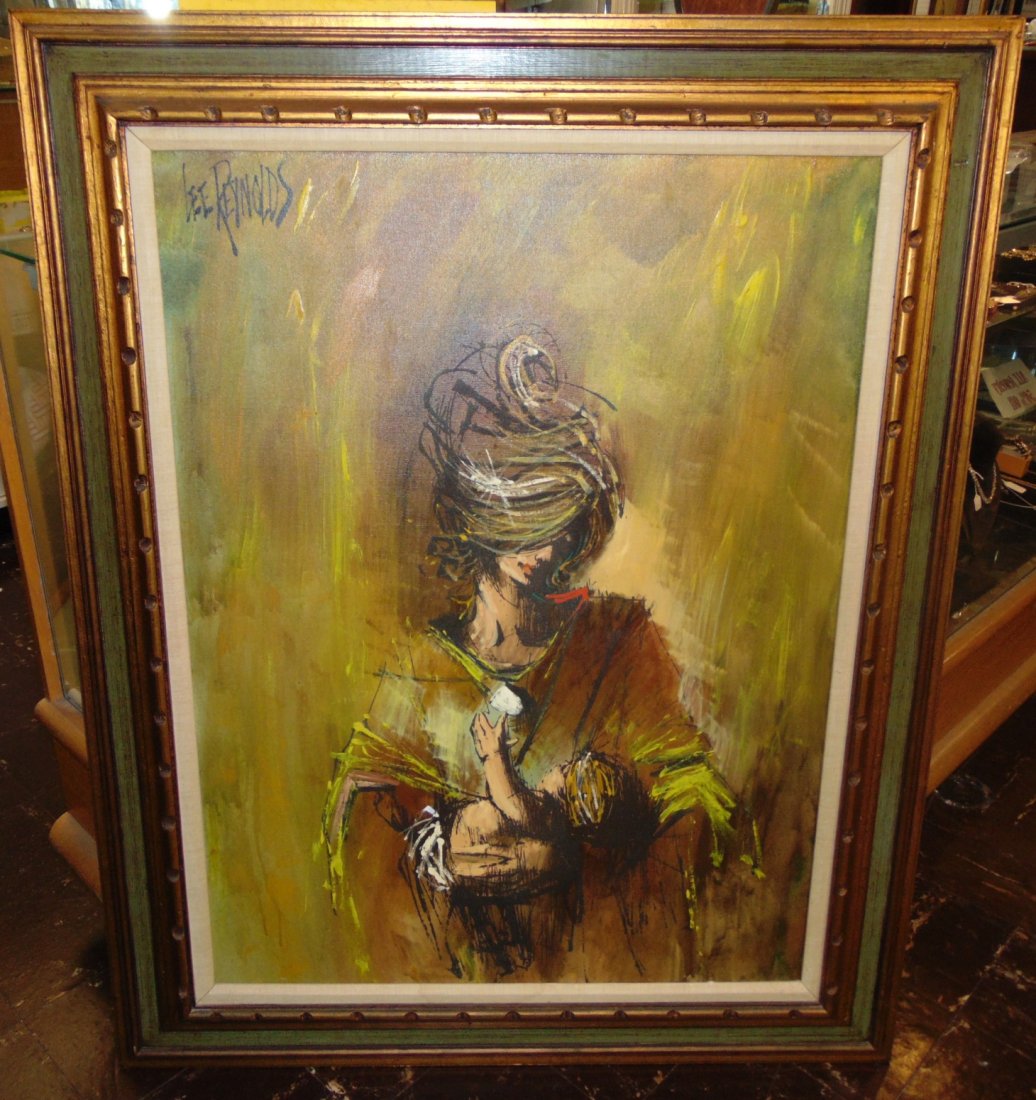 Original Lee Reynolds Mid Century Oil Painting: Large, Framed Original Mid Century Oil on Canvas Painting by Lee Reynolds. Brutalist Abstract Mother and Child. Artist Signed. Measures 50-1/2" tall x 40" wide. Overall condition is Excellent. No Dama