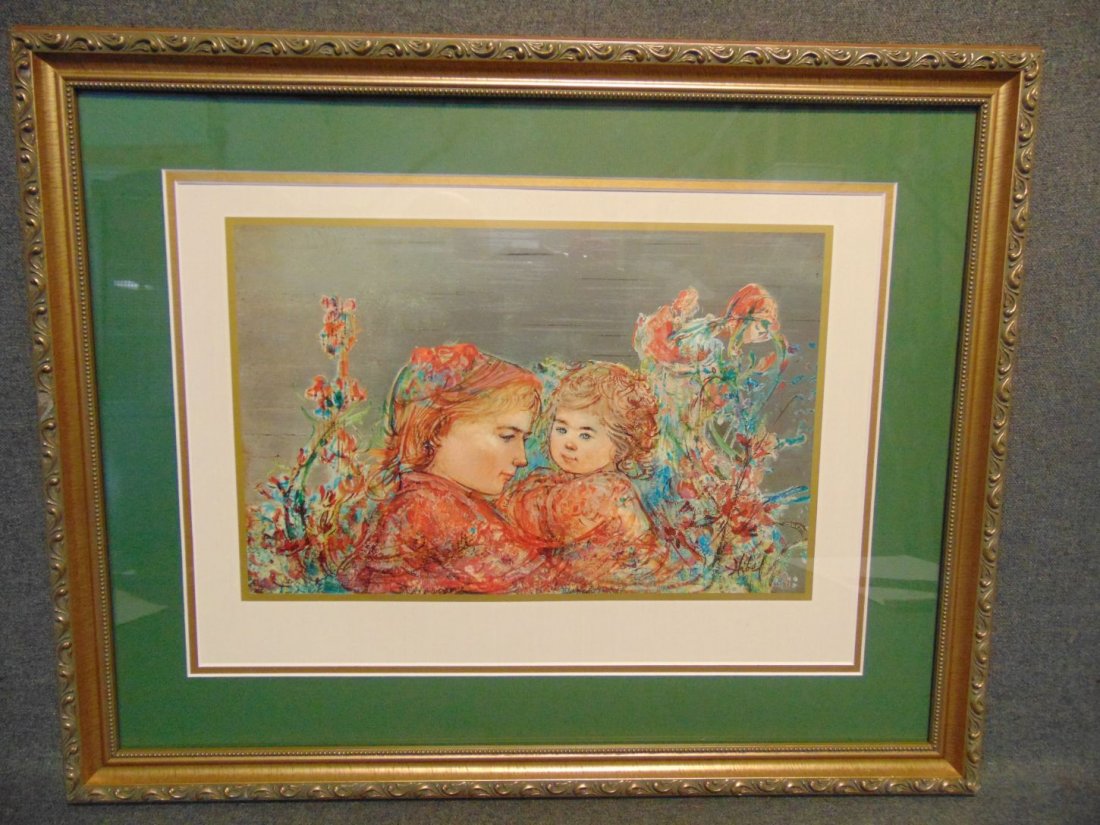 EDNA HIBEL (1917-2014): Edna Hibel (1917-2014) Framed and Matted Print. Frame measures 18-1/2" tall x 23-1/4" wide. Condition is very good with minimal wear. No damage. Starting Bid $20. Auction Estimate $20 - $50.