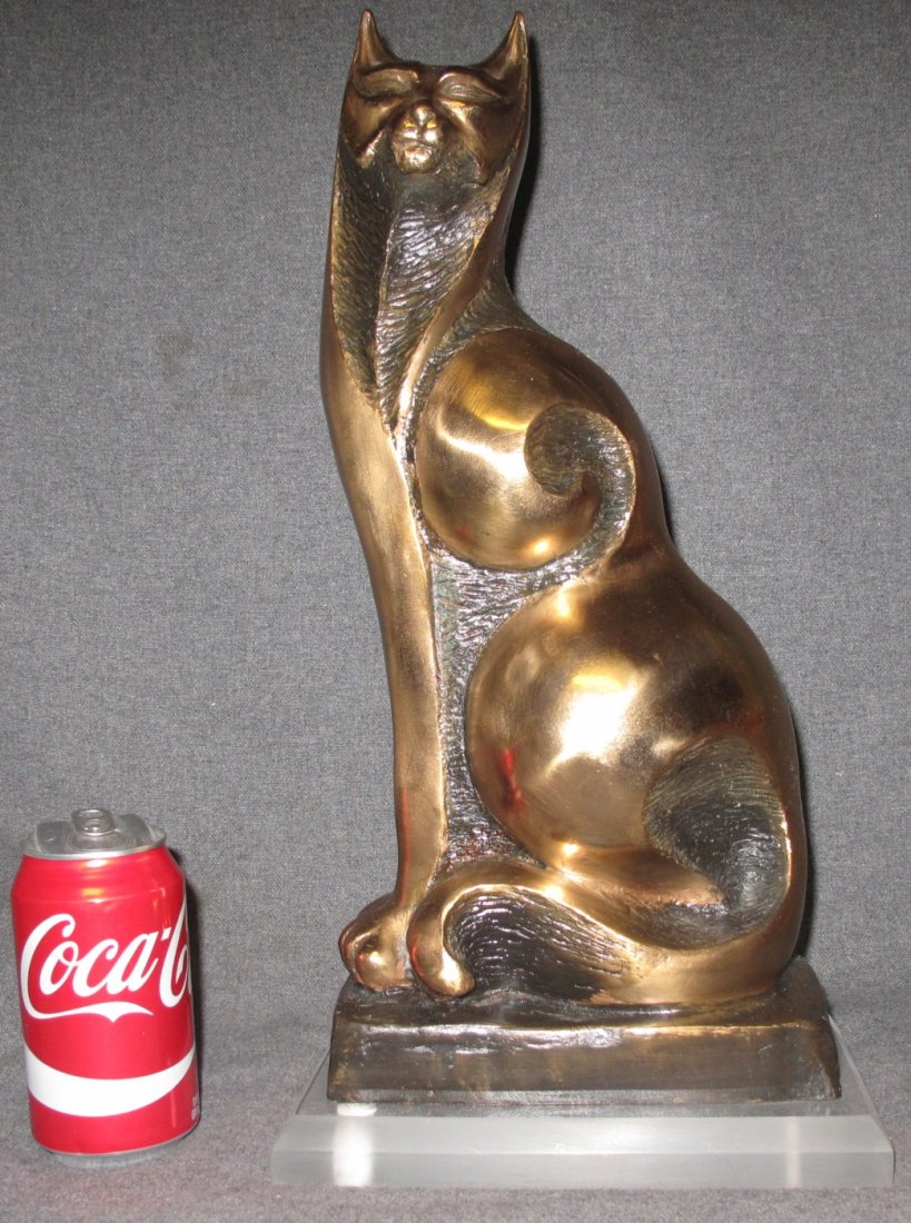 MID-CENTURY MODERN BRONZE CAT on LUCITE SCULPTURE (1 of 6)