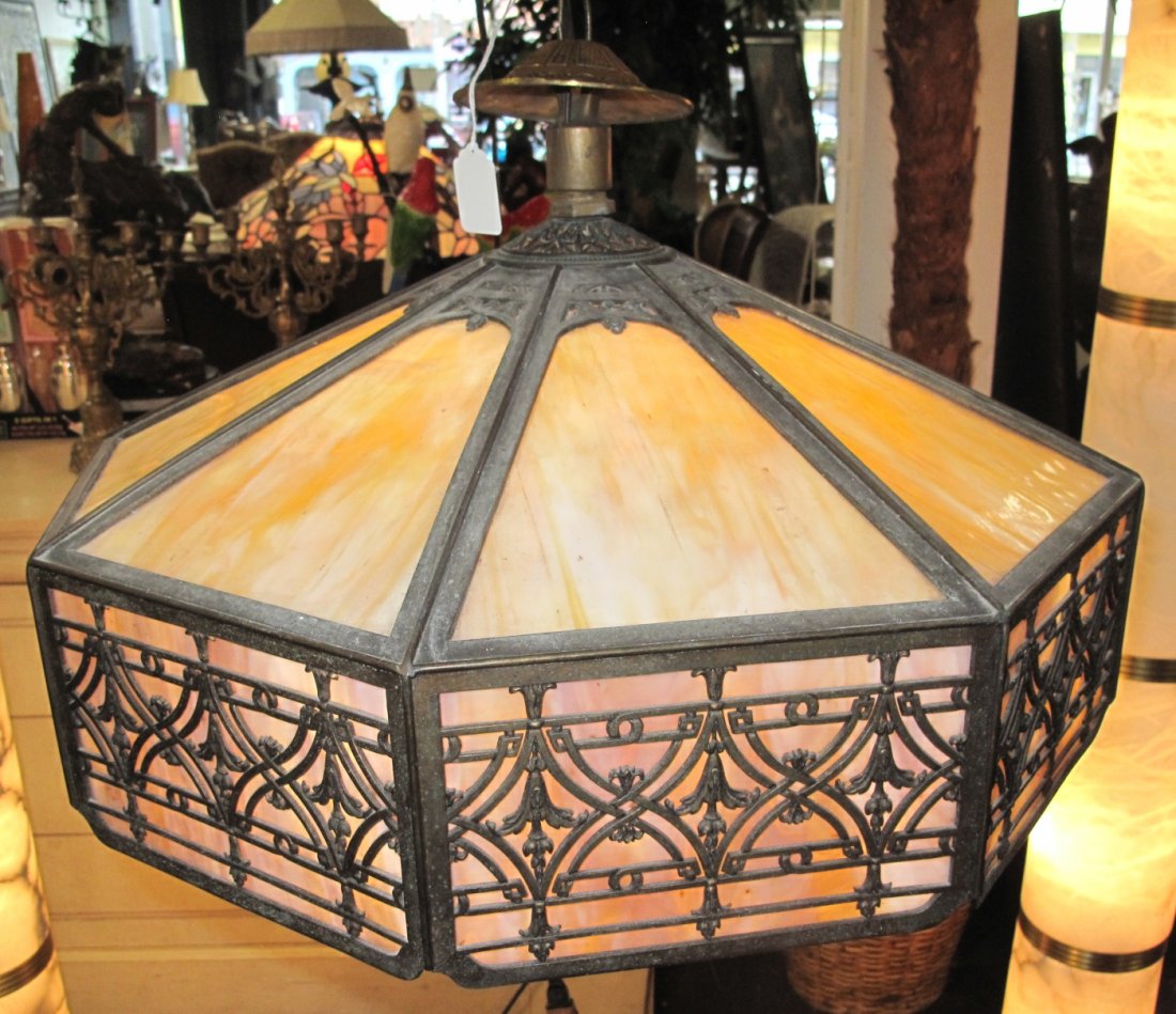 ANTIQUE 23" SLAG GLASS HANGING LIGHT FIXTURE (1 of 7)