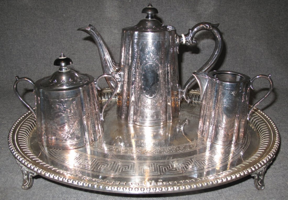 ENGLISH "BARKER ELLIS" SILVER TEA SET & SHEFFIELD TRAY (1 of 11)
