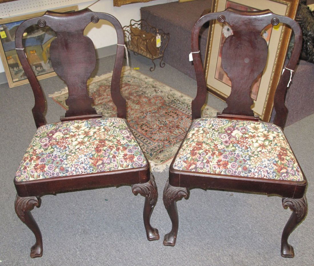 PAIR MAHOGANY QUEEN ANNE SIDE CHAIRS NEEDLEPOINT (1 of 7)