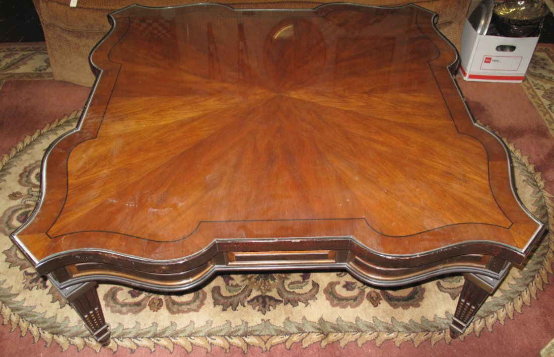 LARGE INLAID MAHOGANY & GLASS COFFEE TABLE (1 of 6)