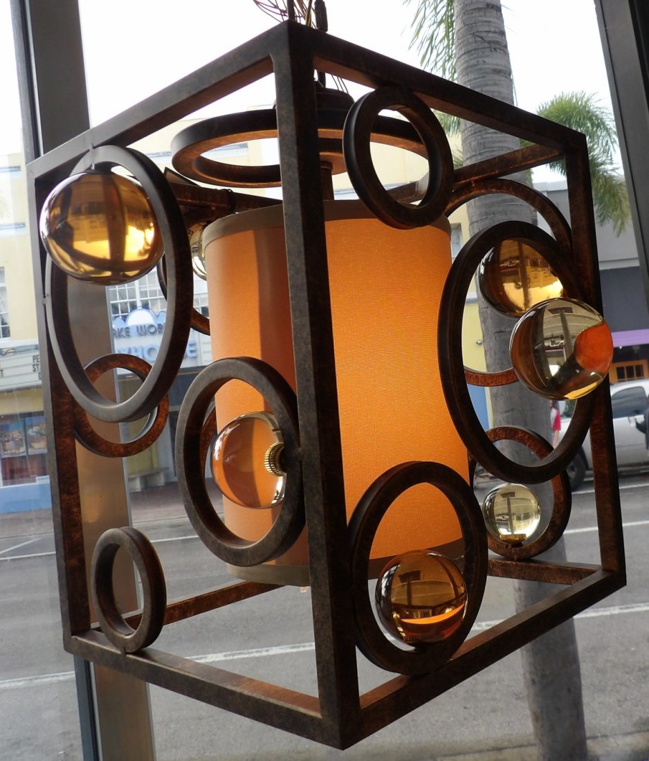 VAN TEAL "Wheels Of Time" CEILING LIGHT FIXTURE #703950: Van Teal "Wheels Of Time", 1 Light, Golden Ocher Chandelier Ceiling Light. Square shape and decorative cage design. #703950. Measures 12" tall x 10" wide x 10" deep. Condition is New. Excellent. Mint.