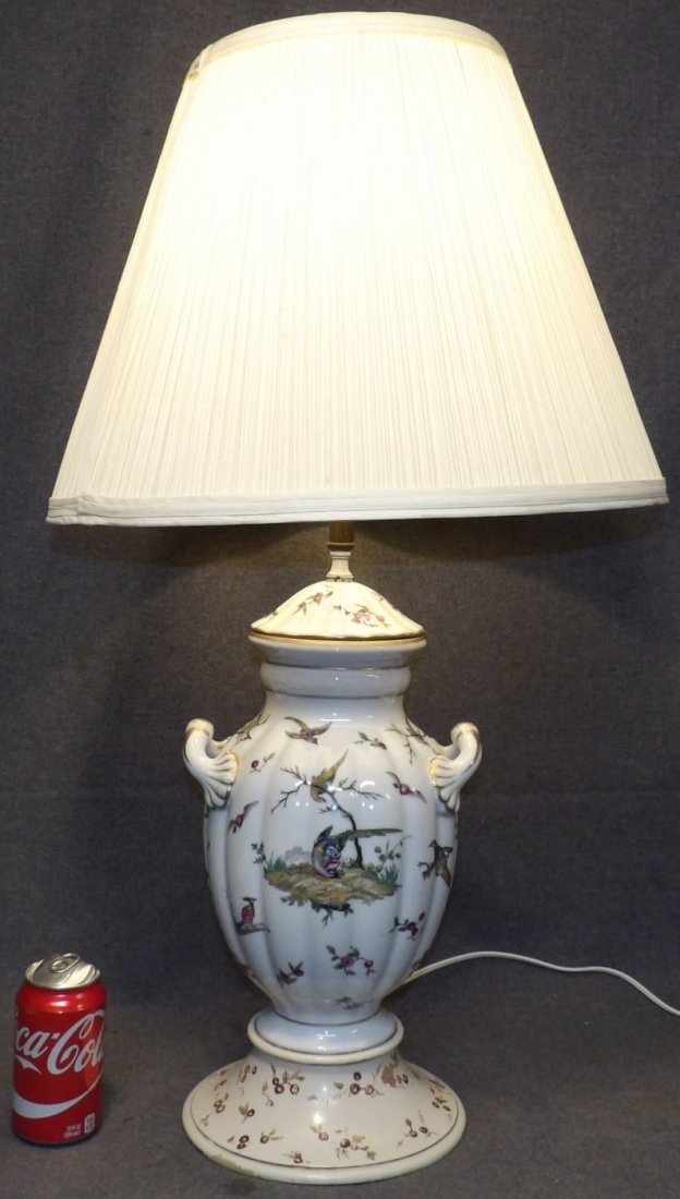 VINTAGE HEREND PORCELAIN TABLE LAMP: Vintage Herend Porcelain Table Lamp. Measures 32" tall x 18" with shade. Overall condition is very good. No damage. Some paint loss to wood base.