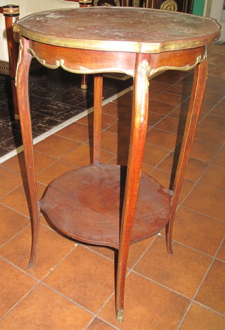ANTIQUE MARBLE TOP TABLE: Antique Marble Top End Table with bronze mounts. Measures 29" tall x 18-1/2" wide x 18-1/2" deep. Overall condition is good. small crack in marble top (see close-up photo). Wear consistent with age an