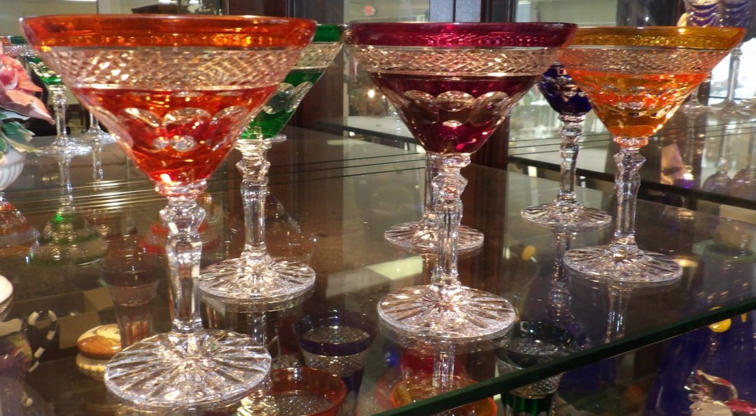 6 MULTI-COLOR CRYSTAL MARTINI GLASSES: Beautiful Set of 6 Multi-Color Bohemian Cut to Clear Crystal Martini Glasses. Heavy and high quality European Leaded Crystal. Each measures 5-3/8" tall. Condition is New, Mint. No Damage. Starting Bid