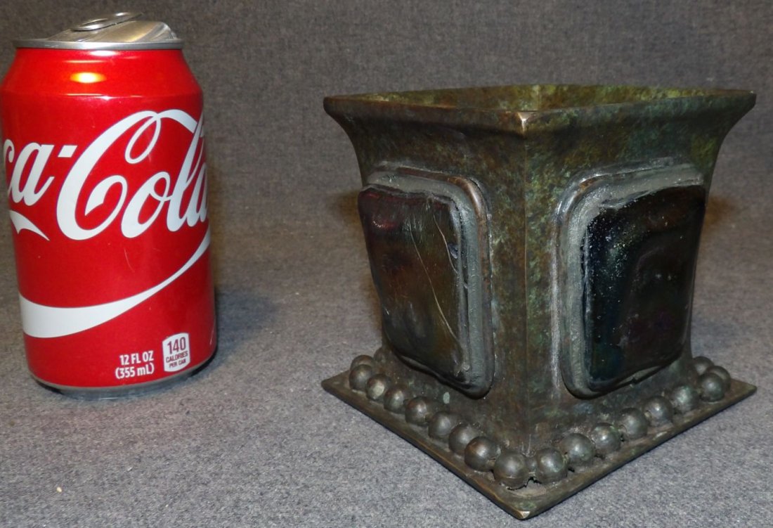 ANTIQUE TIFFANY STUDIOS BRONZE & TURTLEBACK PLANTER: Antique Tiffany Studios Bronze & Glass Turtleback Planter. Circa 1900-1902. Measures 4" tall x 4-1/2" wide x 4-1/2" deep. Bottom is marked with "Tiffany Glass & Decorating Company" mark as well as Tif