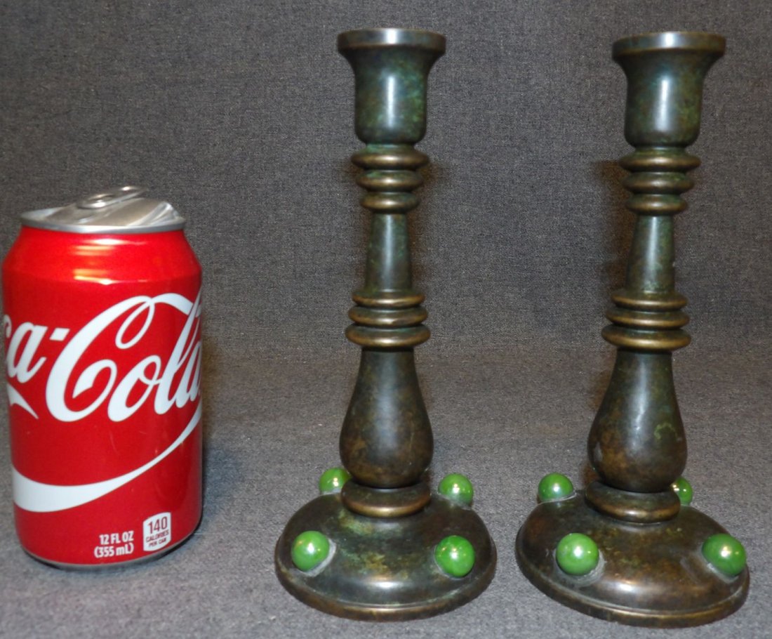 2 ANTIQUE TIFFANY STUDIOS BRONZE CANDLESTICKS: Pair (2) of Antique Tiffany Studios Bronze Candlesticks with Glass Balls. Circa 1900-1902. Each measures 7-1/2" tall x 3-1/4" wide. Bottom is marked with "Tiffany Glass & Decorating Company" mark as w