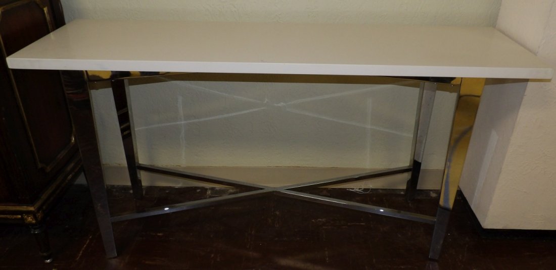 CHROME & STONE CONSOLE TABLE: Chrome & Stone Console Table. Measures 30-1/2" tall x 60" wide x 18" deep. Condition is Very good. No damage. Starting Bid $50.