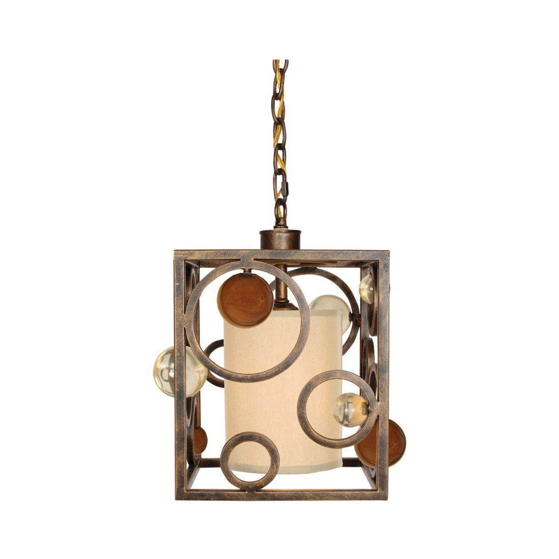 VAN TEAL "Wheels Of Time" CEILING LIGHT FIXTURE #703950: Van Teal "Wheels Of Time", 1 Light, Golden Ocher Chandelier Ceiling Light. Square shape and decorative cage design. #703950. Measures 12" tall x 10" wide x 10" deep. Condition is New. Excellent. Mint.