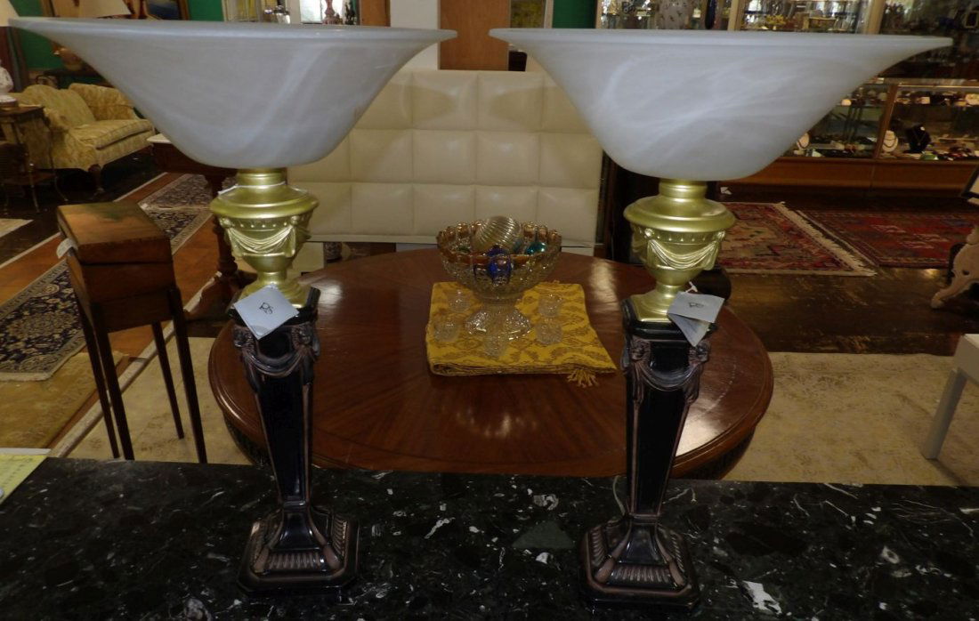 PAIR OF TABLE TORCHIERE LAMPS: Pair of Table Torchiere Lamps with Glass Shades. Each measures 25-1/2" tall x 18" wide. Overall condition is very good. No damage. Starting Bid $80.
