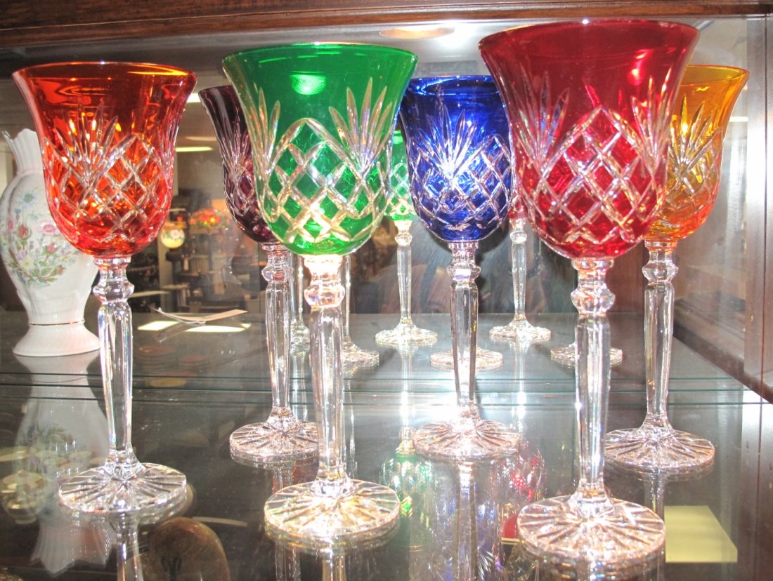 6 MULTI-COLOR CRYSTAL WINE GLASSES: Beautiful Set of 6 Multi-Color Bohemian Cut to Clear Crystal Wine Glasses. Heavy and high quality European Leaded Crystal. Each measures 9" tall. Condition is New, Mint. No Damage. Includes Fitted and
