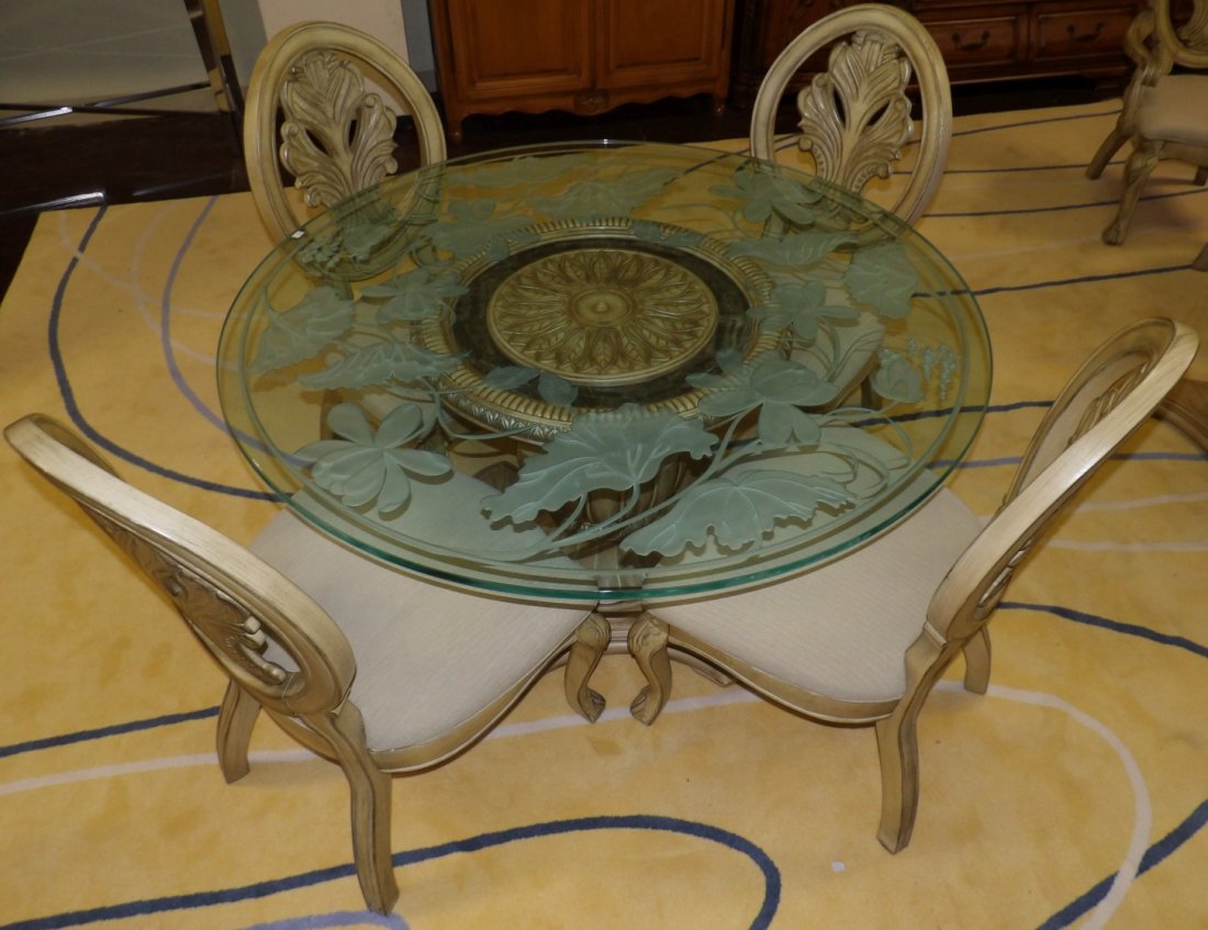 ROUND PEDESTAL DINING TABLE & 4 CHAIRS: Round, Glass Top Pedestal Dining Table & 4 Chairs. Table measures 30-1/2" tall x 54" wide. Glass Top is Heavily Etched underneath. Condition is Very good. Some minor wear to finish. Seat cushions need