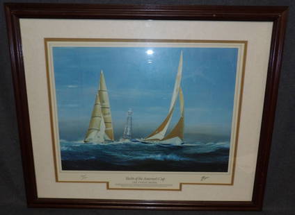 TIM THOMPSON PRINT "YACHTS of the AMERICA CUP": Framed & Double Matted Sailing Print Titled "The Twelve Meters" by Tim Thompson. "Yachts of the Americas Cup" Series. Frame measures 25" tall x 31" wide. Overall condition is very good. No damage. Sta