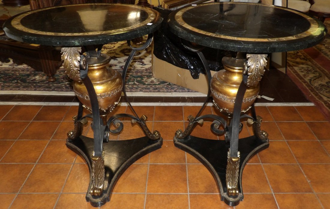 PAIR of ROUND MAITLAND-SMITH MARBLE & IRON SIDE TABLES: Pair of Round Maitland-Smith Marble & Iron, Neoclassical Style Side Tables. Each measures 30-1/4" tall x 24" wide. Includes Makers Label (see photos). Condition is Very good. No damage. Starting Bid $