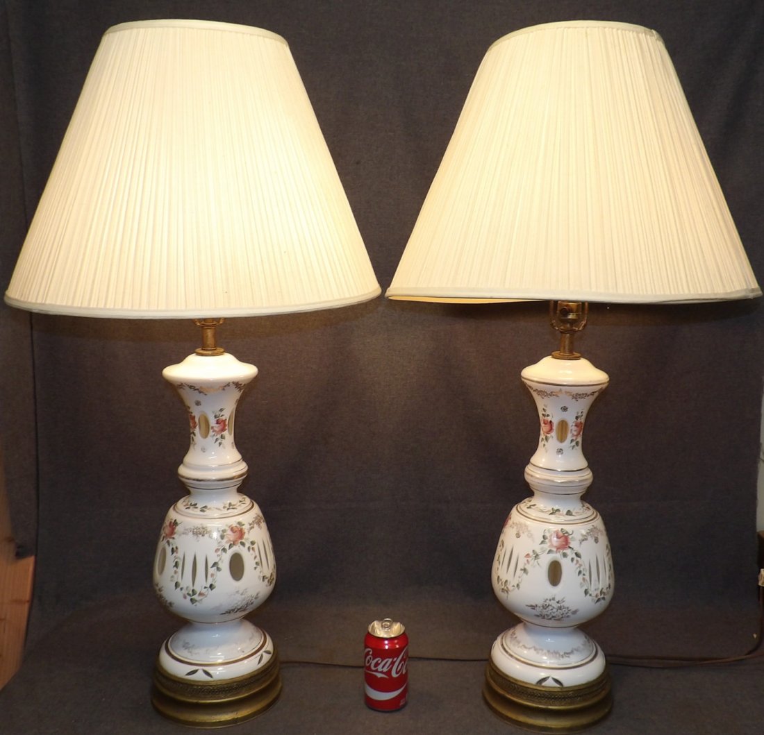 VINTAGE PAIR CZECH CASE GLASS TABLE LAMPS: Vintage Pair of Czech Bohemian Case Glass Table Lamps. Each measures 36" tall. Overall condition is good. Some minor wear to finish. Starting Bid $50. Auction Estimate $250 - $350.